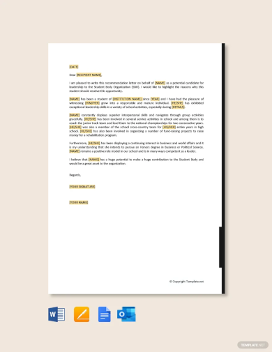 Leadership Recommendation Letter for Student Template