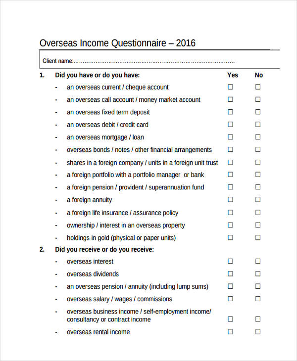 Overseas Income Questionnaire