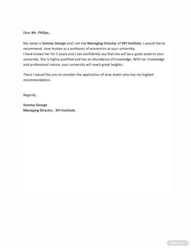 Professor Recommendation Letter Template