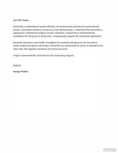 Recommendation Letter Template for Scholarship