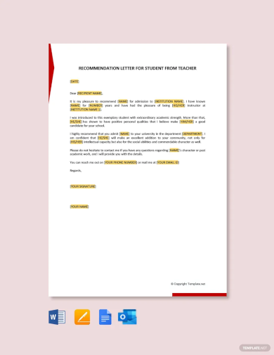 Recommendation Letter for Student From Teacher Template