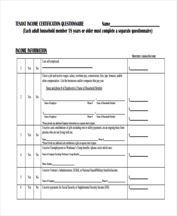 Tenant Income Questionnaire