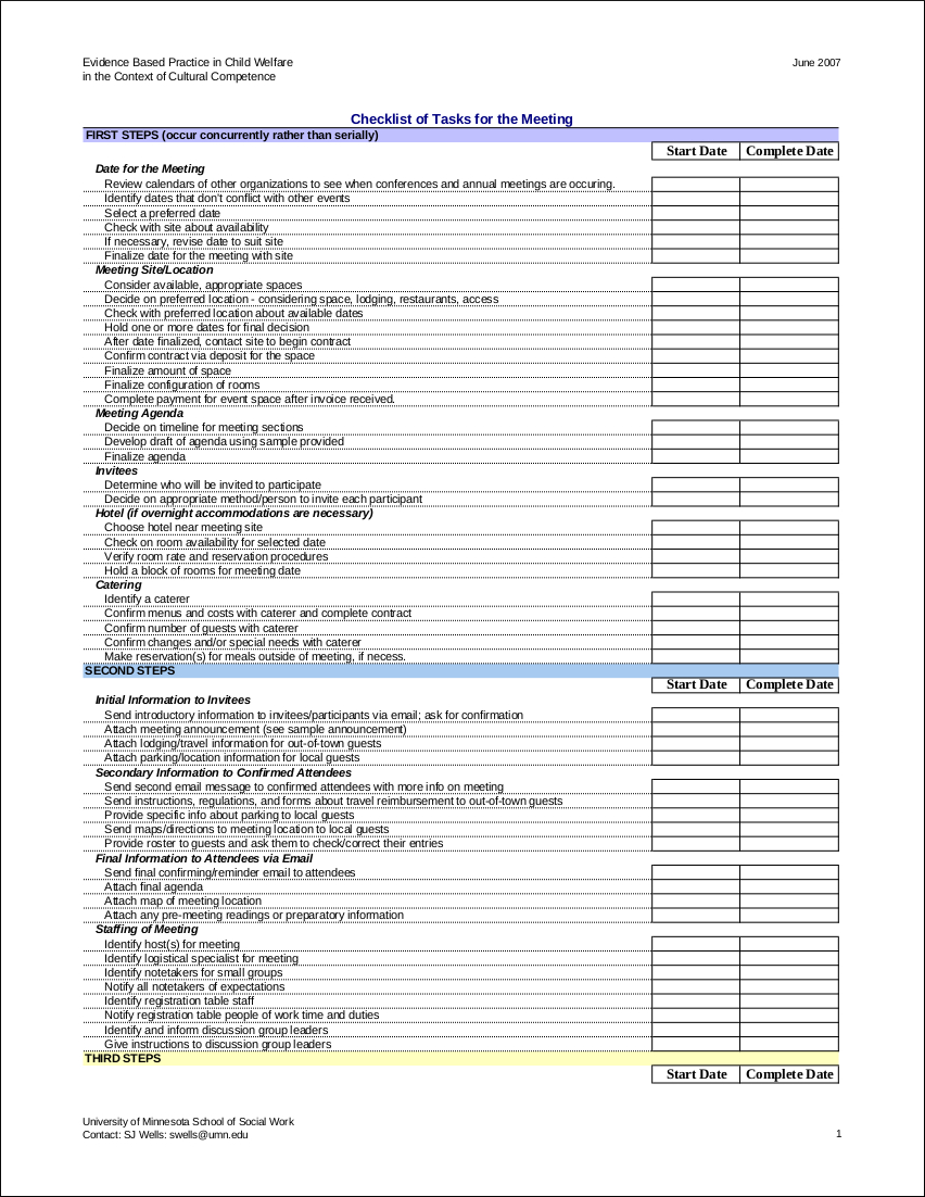 Sample Checklist of Tasks for a Meeting