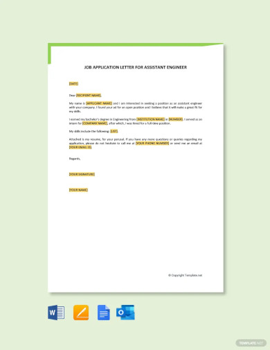 Free Job Application Letter for Assistant Engineer Template