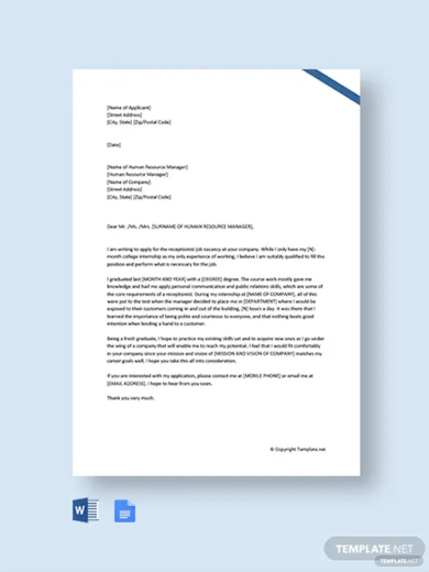 Job Application Letter For Receptionist Template