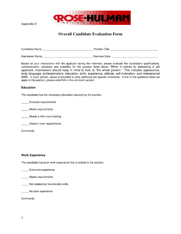 Overall Candidate Evaluation Form Example