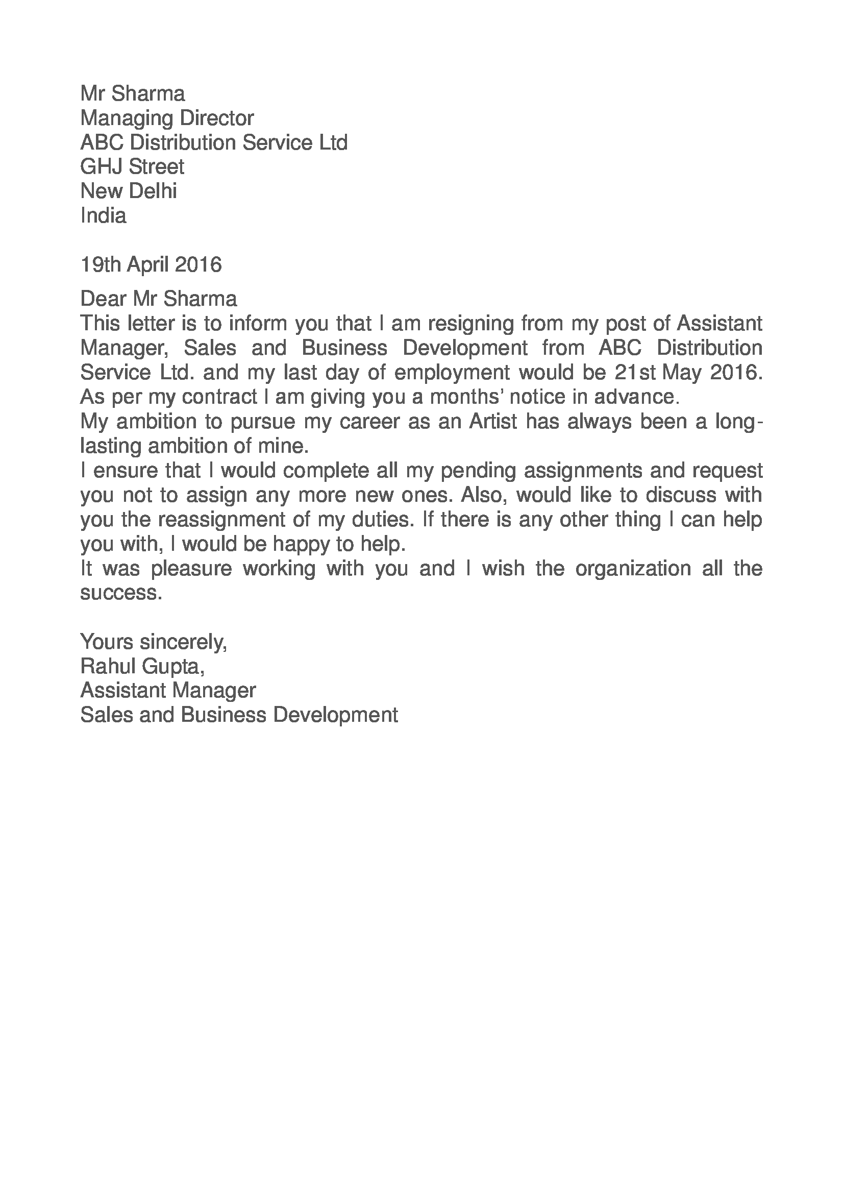 Draft Letter Of Resignation Template