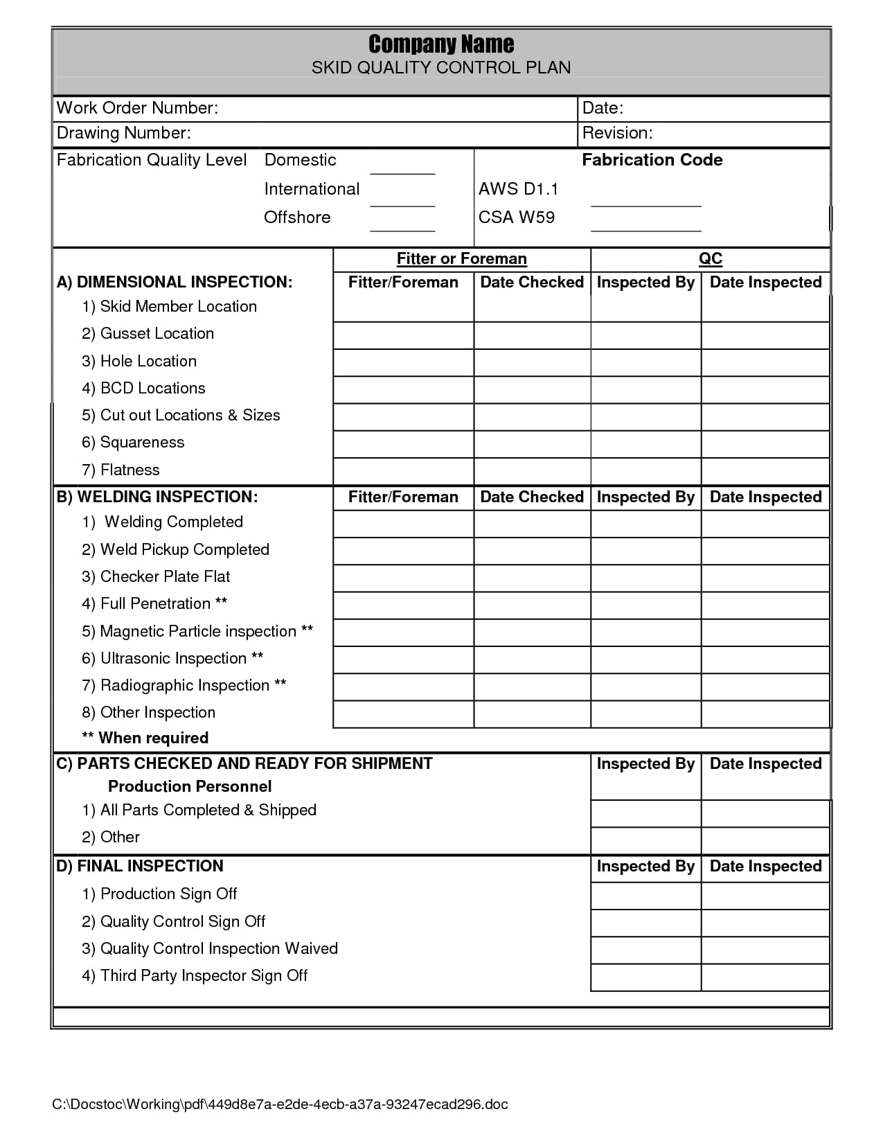 Project Quality Plan Template