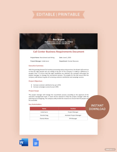 Call Center Business Requirements Document Template