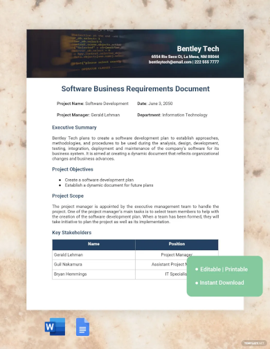 Software Business Requirements Document Template