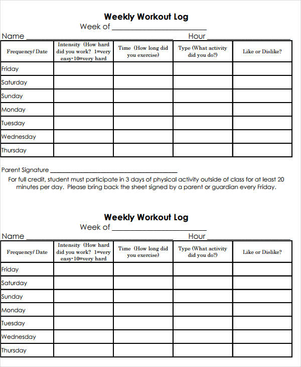 Weekly Workout Log - 11+ Examples, Format, Pdf | Examples