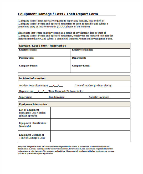 Equipment Damage Report Form Example