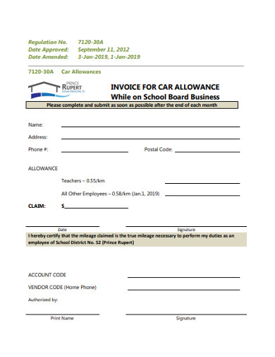 Invoice for Car Allowance