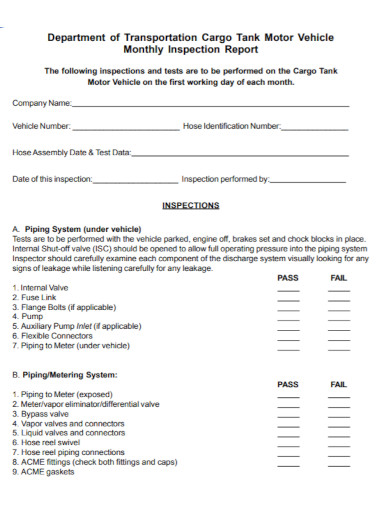 Monthly Motor Vehicle Inspection Report