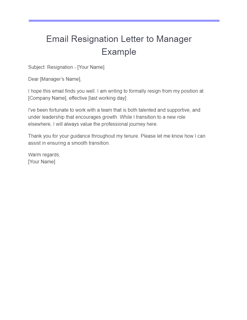 Email Resignation Letter to Manager Example