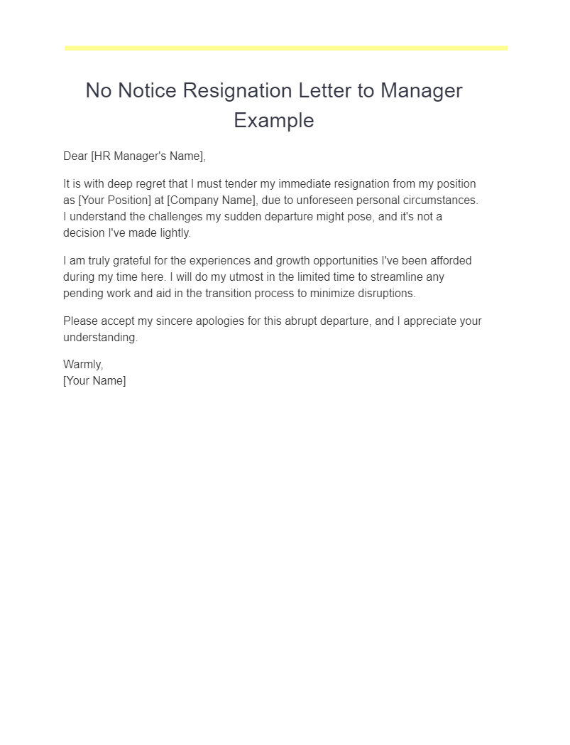 No Notice Resignation Letter to Manager Example