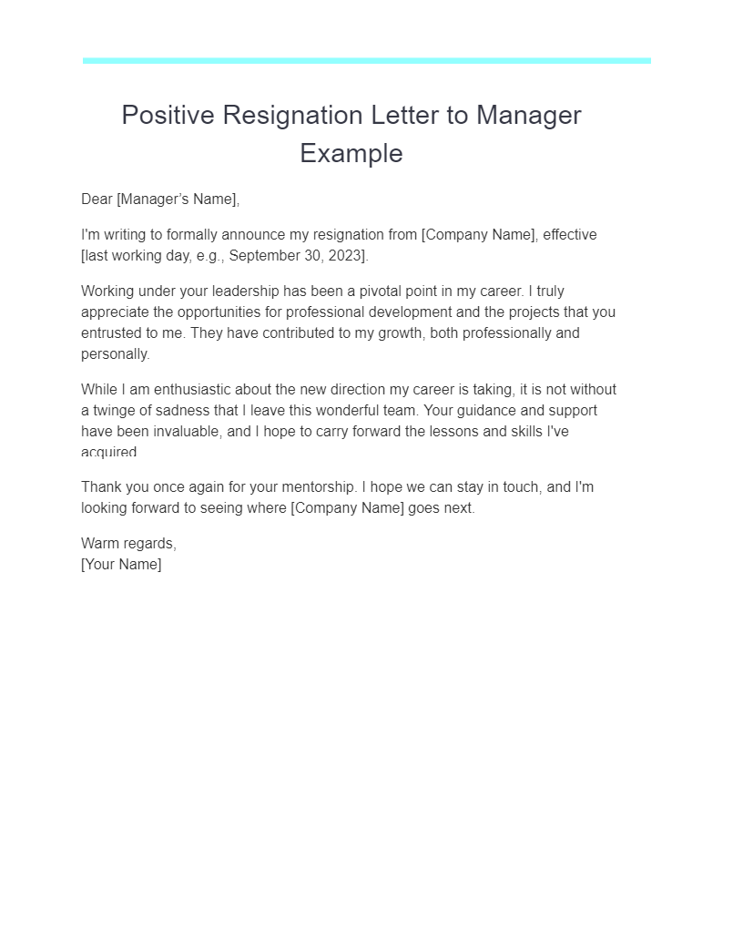 Positive Resignation Letter to Manager Example