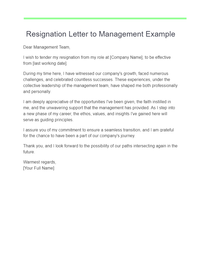 Resignation Letter to Management Example