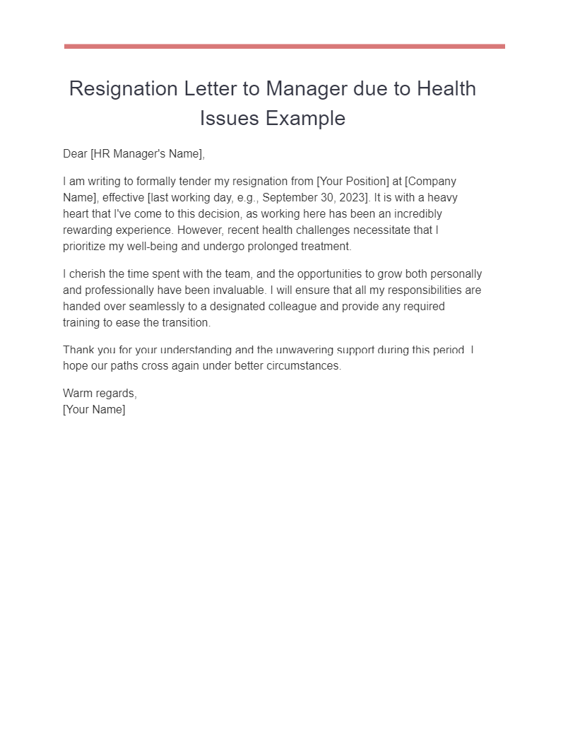 Resignation Letter to Manager due to Health Issues Example