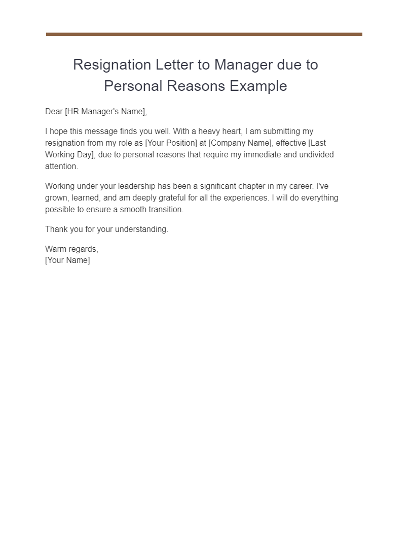 Resignation Letter to Manager due to Personal Reasons Example