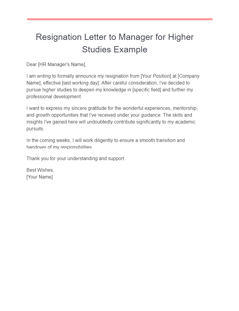 Resignation Letter to Manager for Higher Studies Example