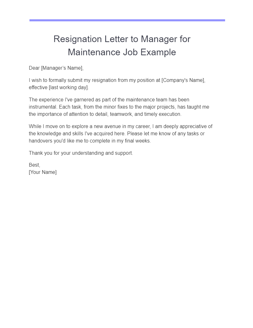 Resignation Letter to Manager for Maintenance Job Example