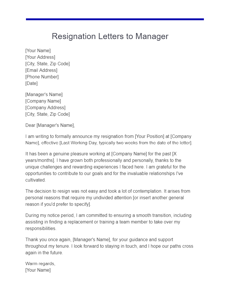 Resignation Letters to Manager