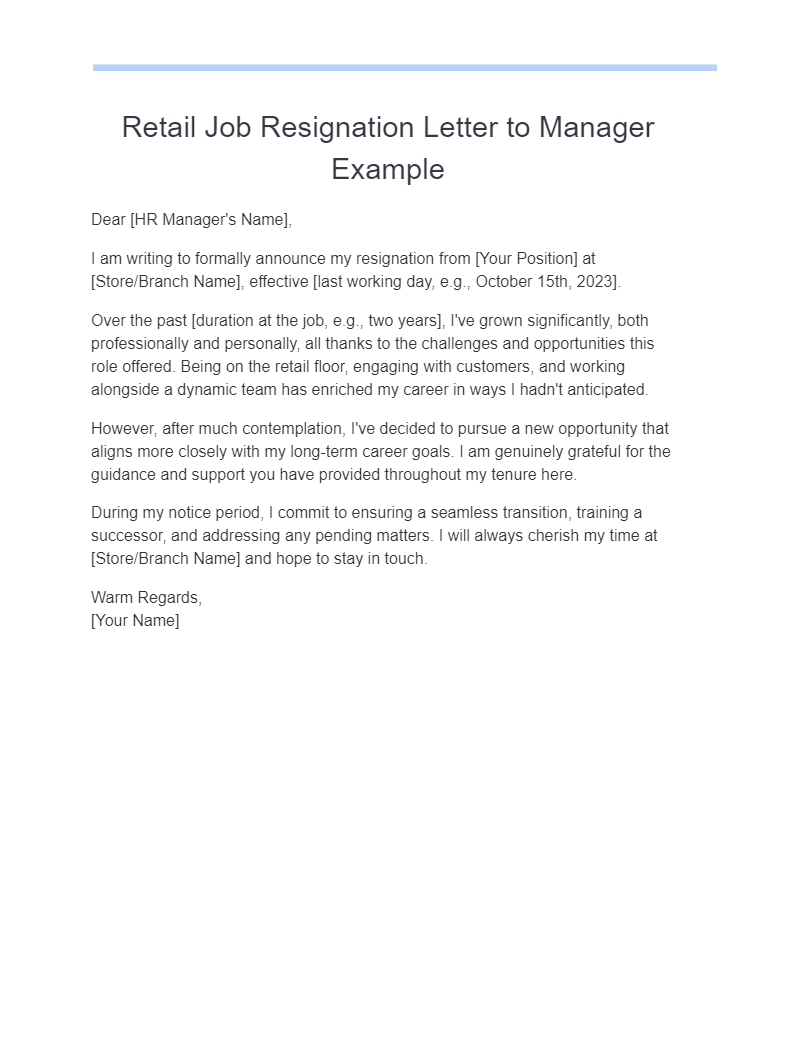 Retail Job Resignation Letter to Manager Example