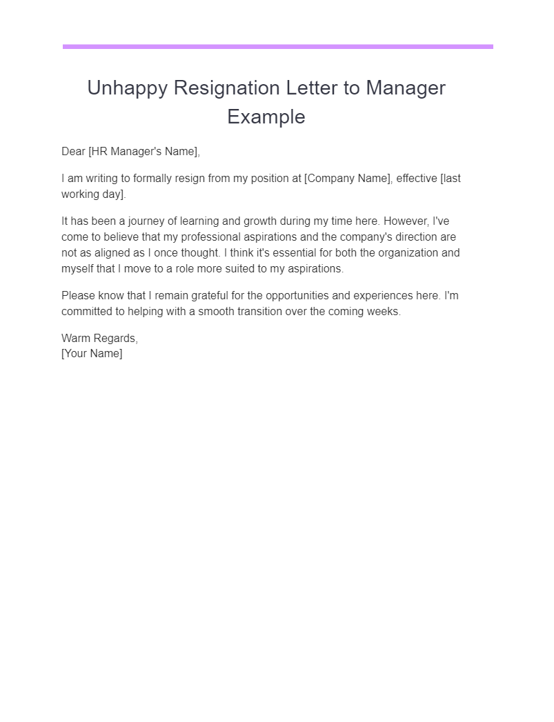 Unhappy Resignation Letter to Manager Example