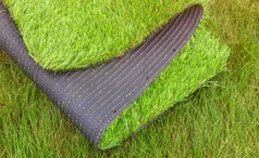 A folded piece of fake grass on a real lawn