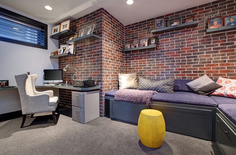 Contemporary brick wall basement office