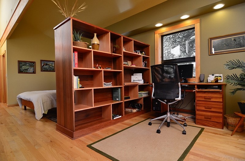 Basement bedroom office with dividers