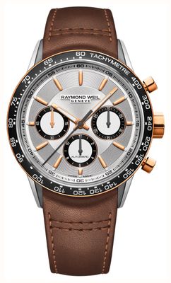 Raymond Weil Freelancer Automatic Chronograph (43.5mm) Silver Dial / Brown Leather Strap 7741-S51-65021