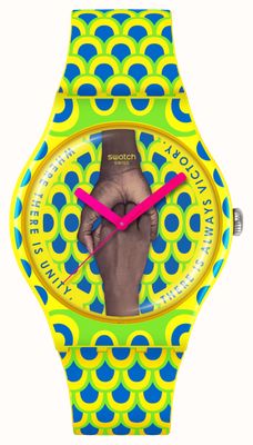 Swatch Break Free UNITY ALWAYS (41mm) Neon Multicoloured Hands Dial / Green Yellow & Blue Silicone Strap SO29Z148