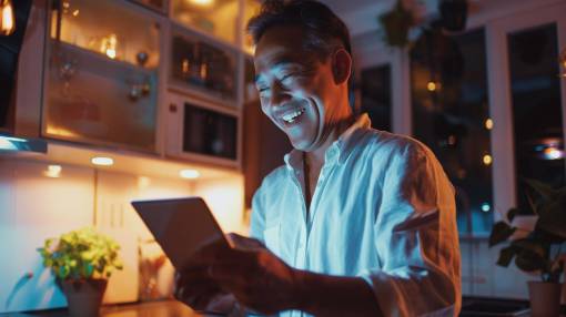 business man;50 years old;smiling;tablet one person males night adult indoors men