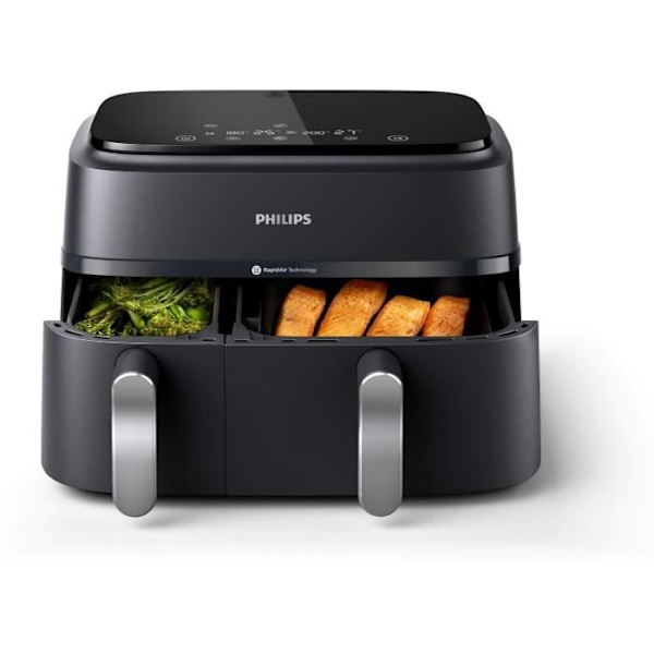 AirFryer - PHILIPS - NA351/00 - Rostfritt stål - 9,0L - Dubbel skål - 38,25 x 44,39 x 31,42 cm