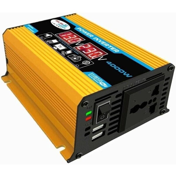 12v 220v inverter, 4000W ren sinus inverter DC 12V 220V/110V bilinverter med dobbelt spændingsdisplay og USB-porte 4.2A oplader,