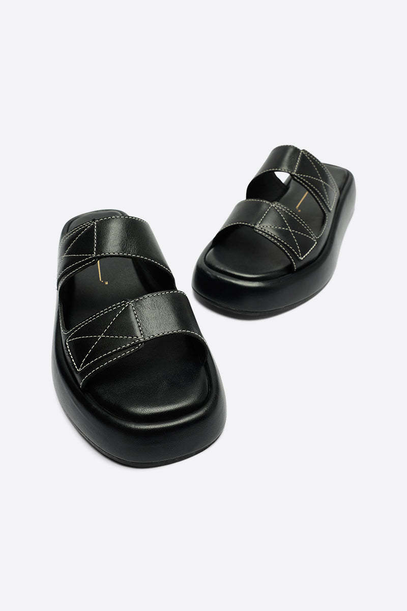 "INTENTIONALLY __________." KIARA FLATFORM SANDAL - Bark/Black