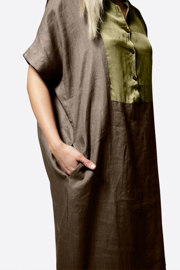 "INTENTIONALLY __________." IIRAM HEMP CAFTAN DRESS - CHOCOLATE/BLACK