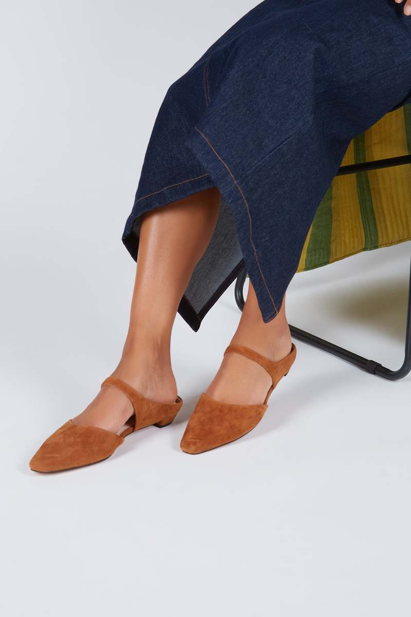 "INTENTIONALLY __________." Lourdes Slip On Suede Mule - Tawny