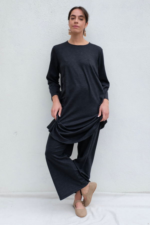 Black Crane Wool Straight Pants - Dark Grey