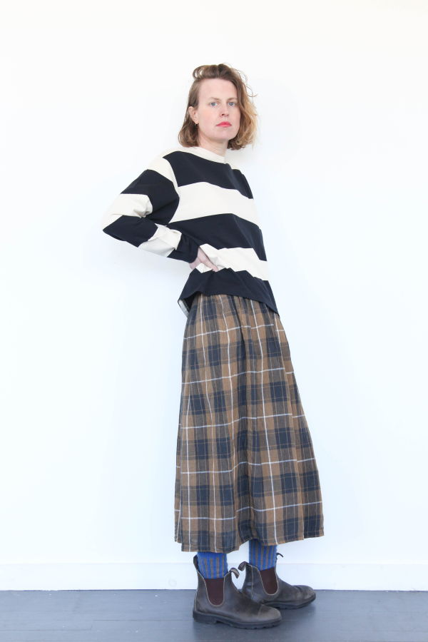 ICHI ANTIQUITES Linen Tartan Skirt - Brown