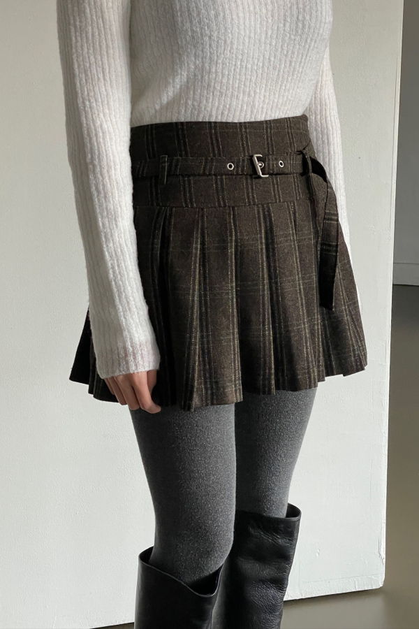 NKC Rooney Pleated Plaid Wool Skirt - Dark Brown