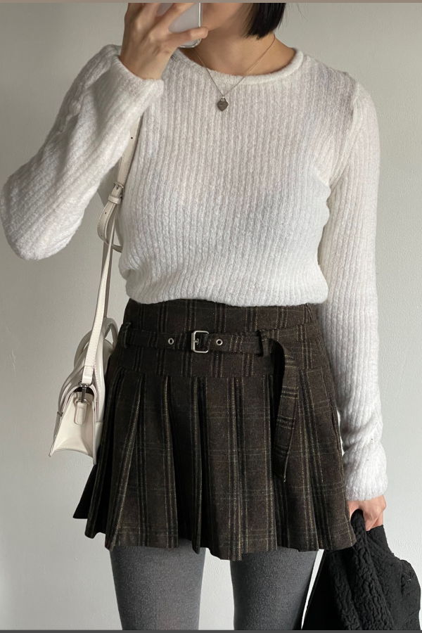 NKC Rooney Pleated Plaid Wool Skirt - Dark Brown