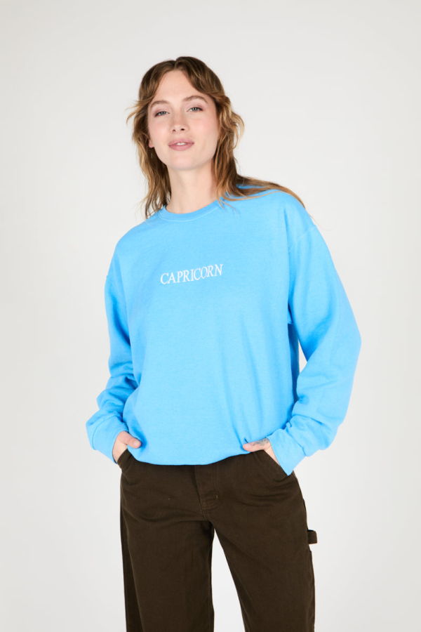 "INTENTIONALLY __________." CAPRICORN ZODIAC PULLOVER - Mykonos Blue/Orchid/Marigold