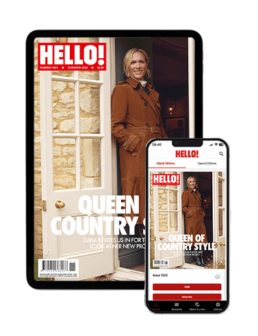 Hello Magazine cover with Zara Tindall at country house wearing a brown coat