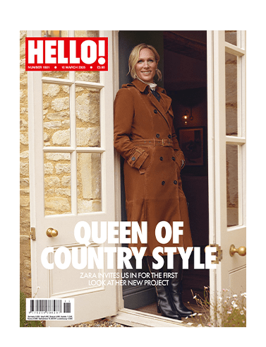 Hello Magazine cover with Zara Tindall at country house wearing a brown coat