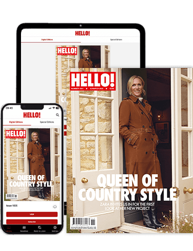 Hello Magazine cover with Zara Tindall at country house wearing a brown coat