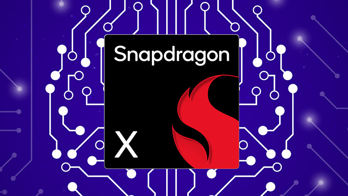 Render of Qualcomm's Snadragon X chip on a blue background with white electrical traces.