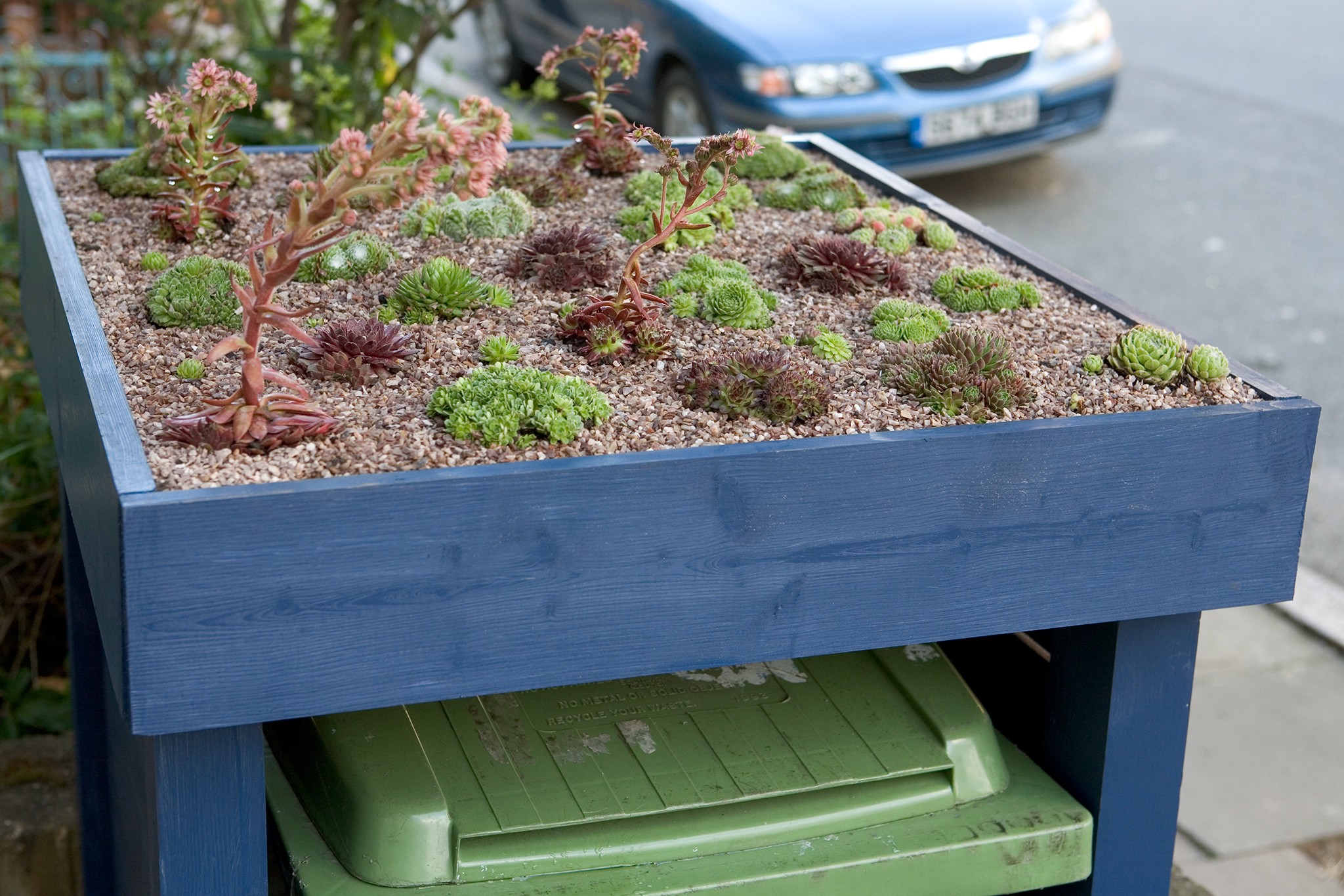 Wheelie bin tidy garden idea with green roof